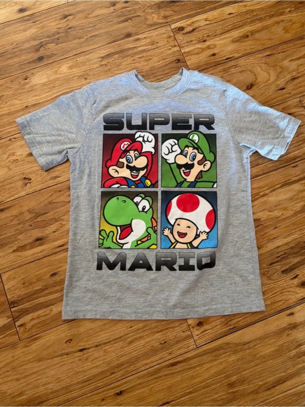 Nintendo Super Mario Character Panel Tee — Gray with Red, Green, Blue Accents